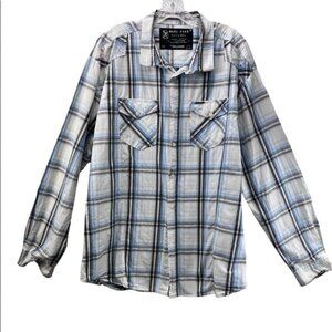 Marc Ecko Mens 2XL Blue Gray White Western Plaid Long Sleeve Button Shirt